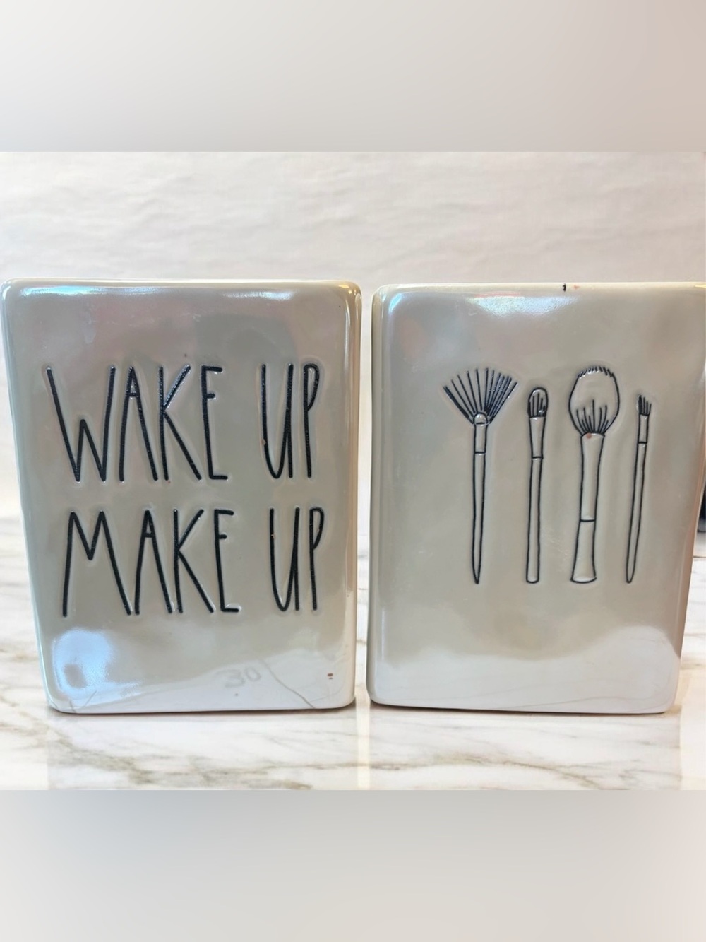 Rea Dunn Ceramic Makeup Brush Holders - "Wake Up Make Up" set of 2